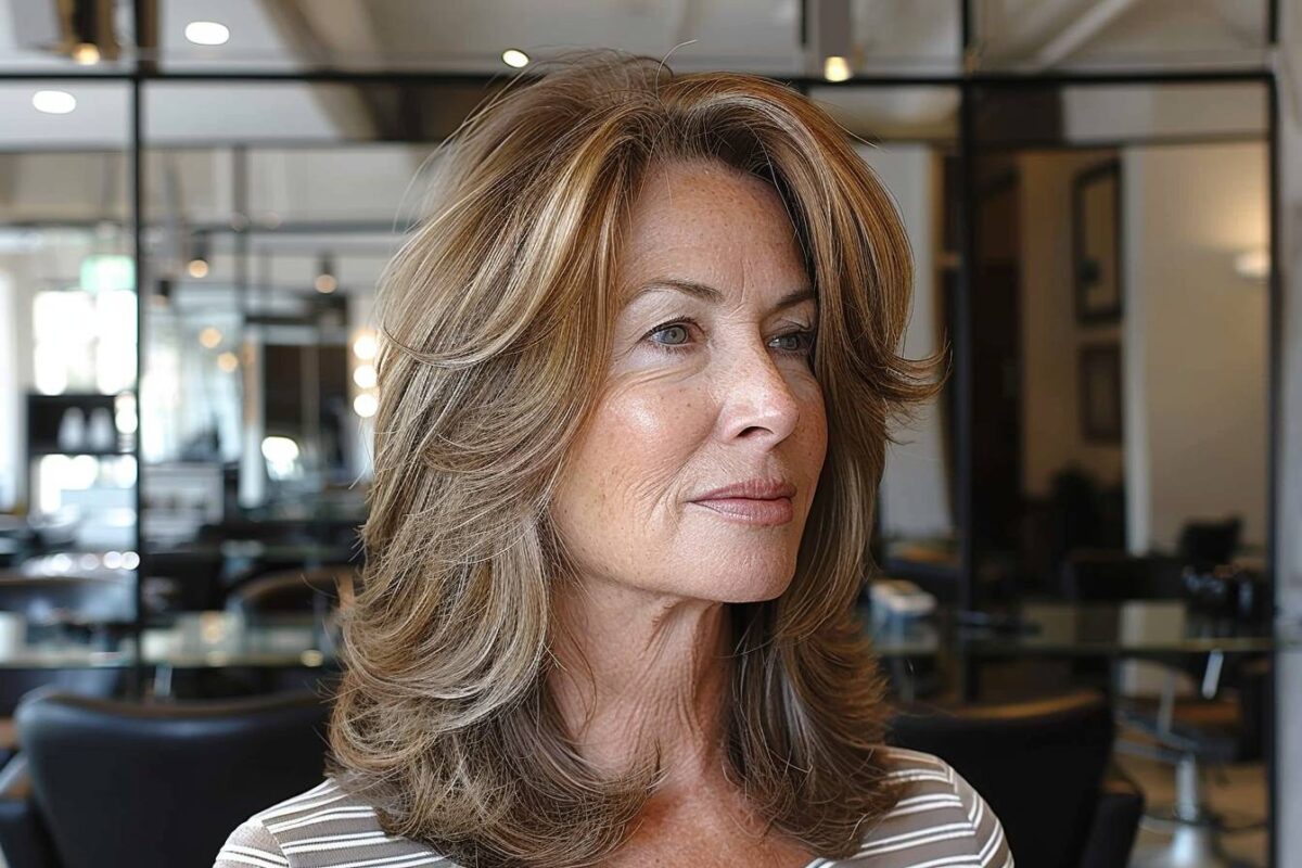 Coupe cheveux mi long dégradé effilé avec frange 60 ans