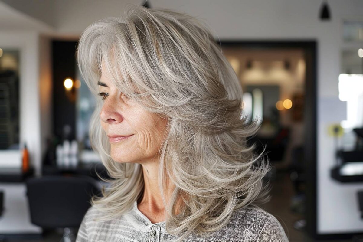 Coupe cheveux mi long dégradé effilé avec frange 60 ans