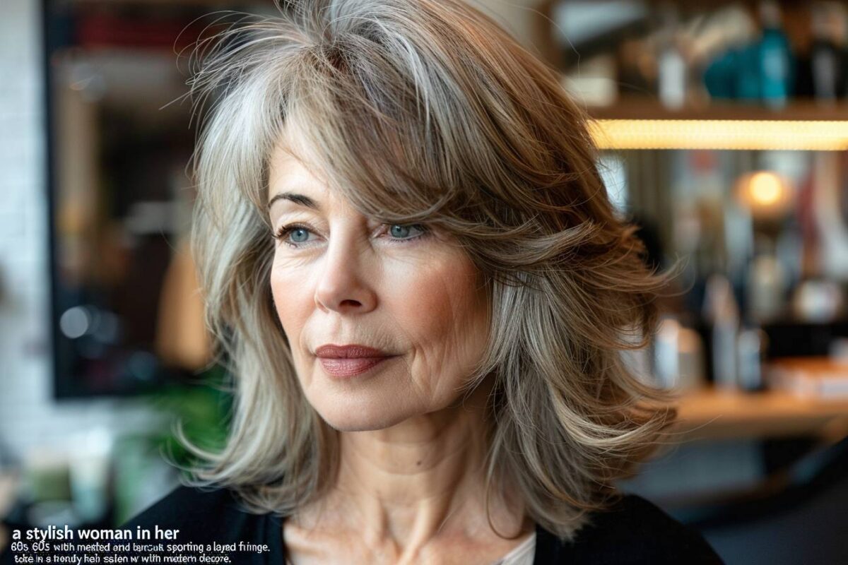 Coupe cheveux mi long dégradé effilé avec frange 60 ans