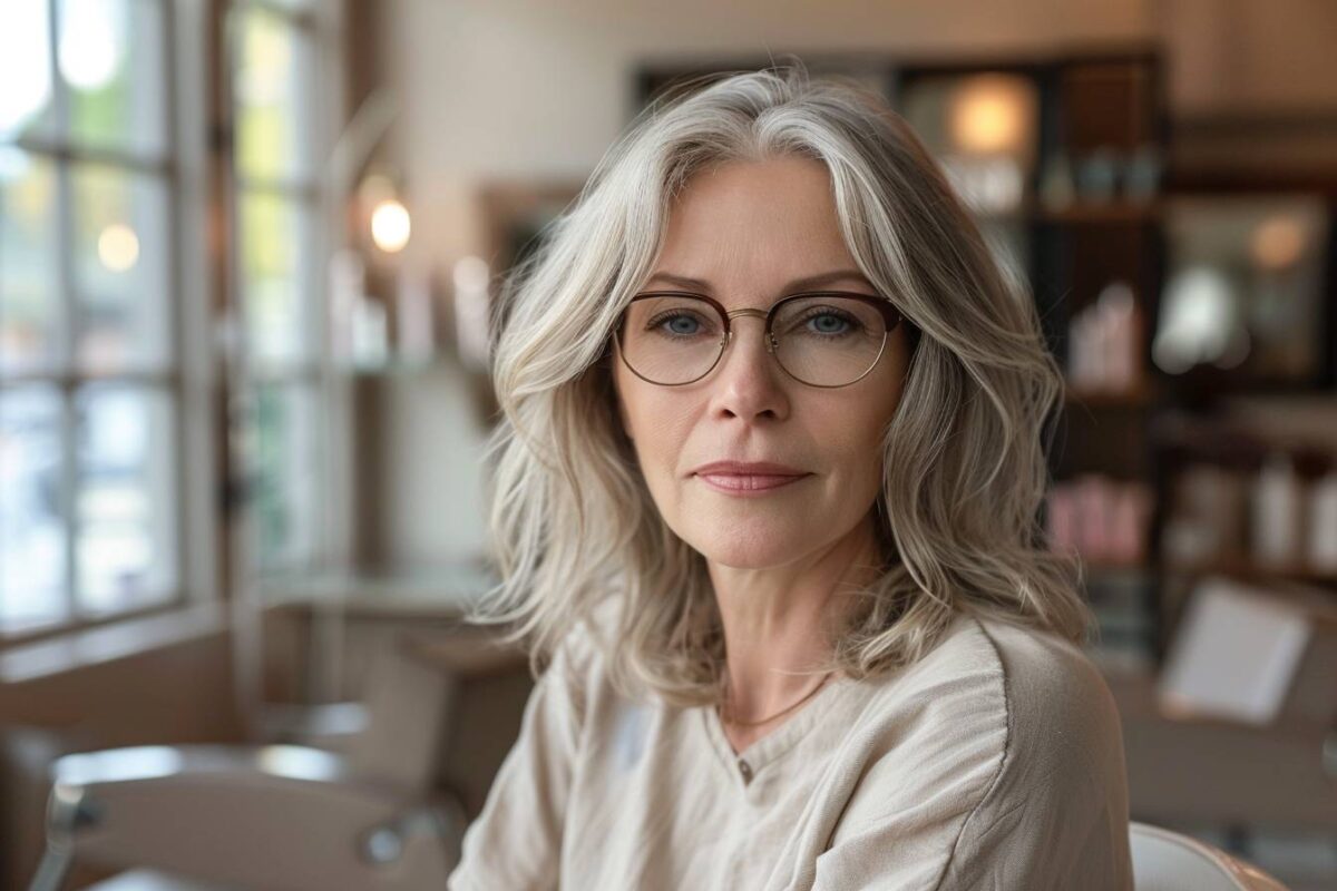 Coupe de cheveux mi-long femme 50 ans avec lunettes