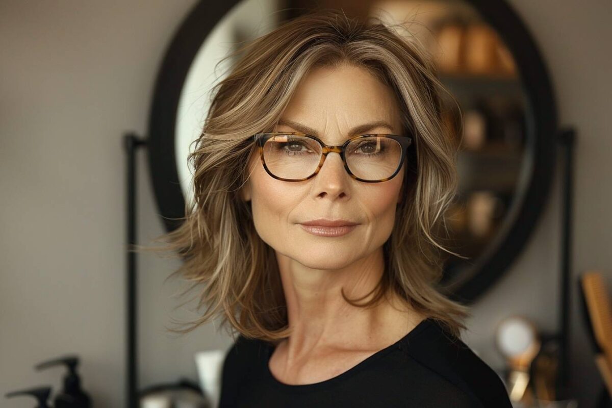 Coupe de cheveux mi-long femme 50 ans avec lunettes