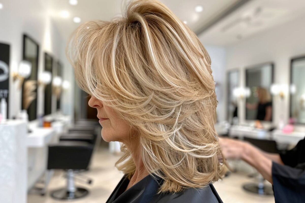 Coupe de cheveux mi-long dégradé effilé avec frange 50 ans