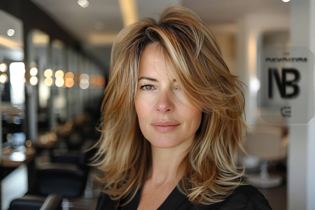 Coupe de cheveux mi-long dégradé effilé avec frange 50 ans