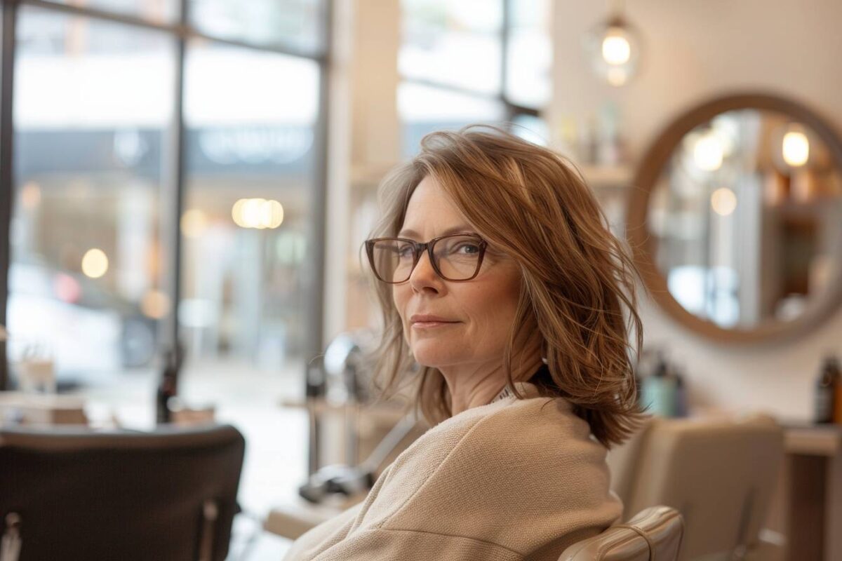 Coupe de cheveux mi-long femme 60 ans avec lunettes