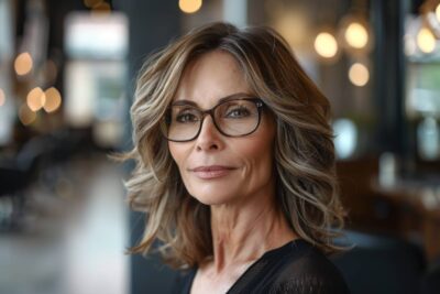 Coupe de cheveux mi-long femme 60 ans avec lunettes